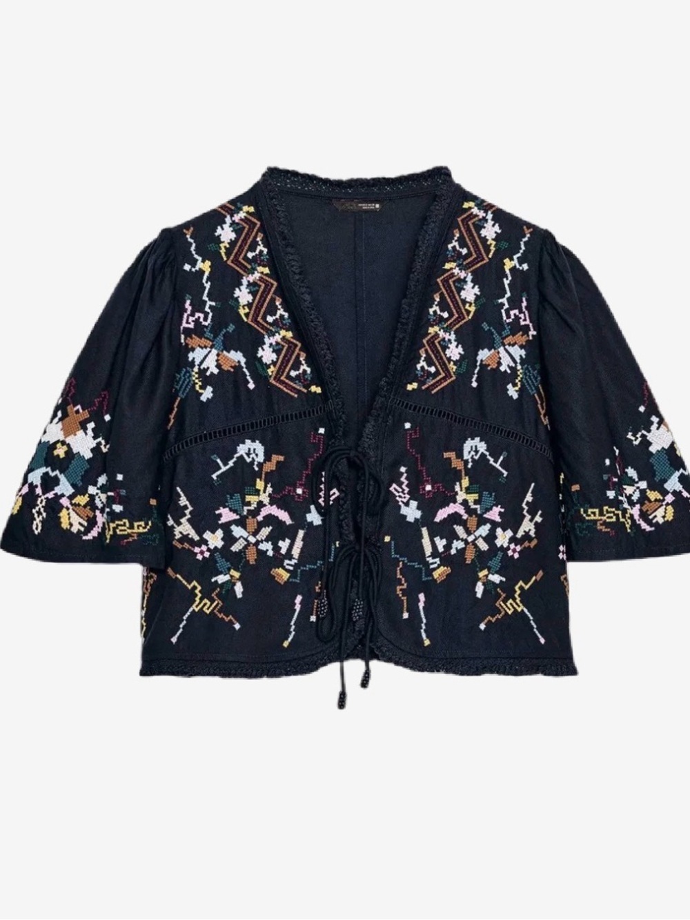 Black Embroidered Tie-Front Jacket